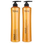 Pack Botanic Gold compuesto por el Shampoo y Mascarilla de 800 ml, formulado para cabellos teñidos y mixtos. TAHE